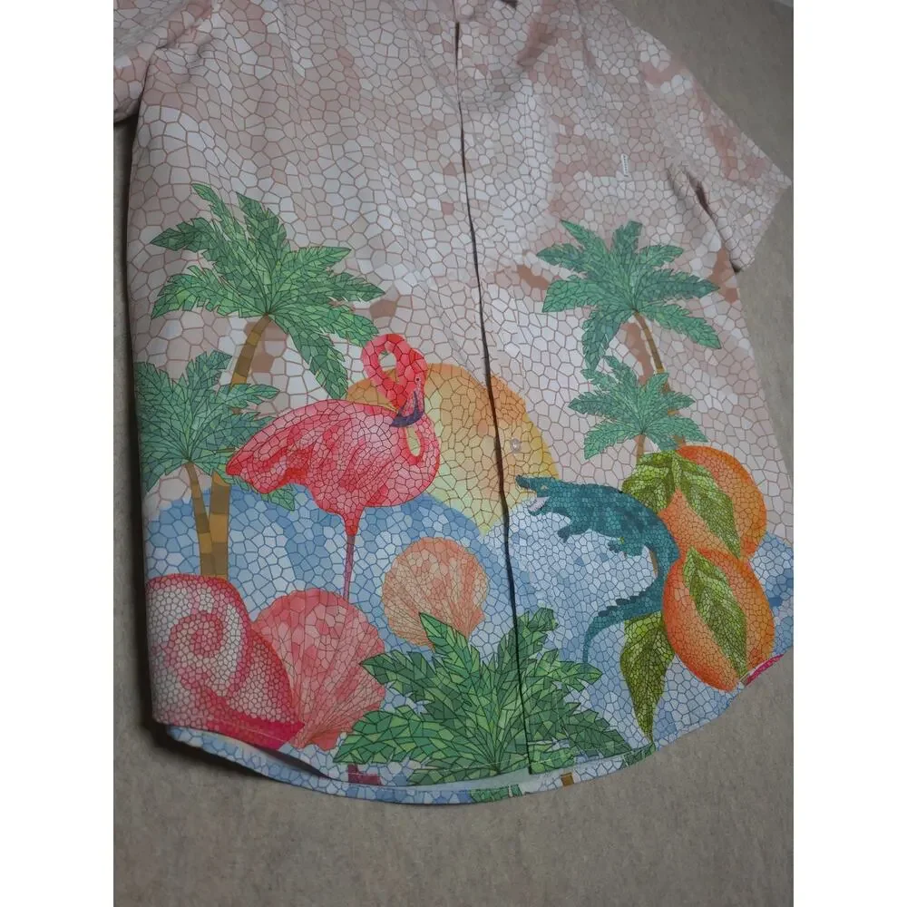 MAVRANS Mosaic Flamingo & Alligator Cabana Set | Shirt & Swim Trunks (Large)